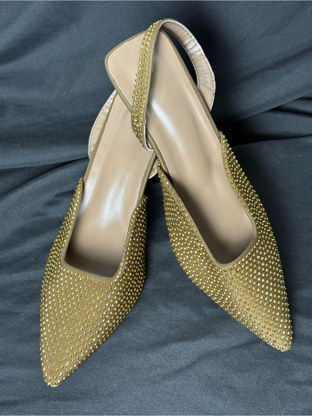 Embellished Pointed Toe Slingback Flats in Olive Gold